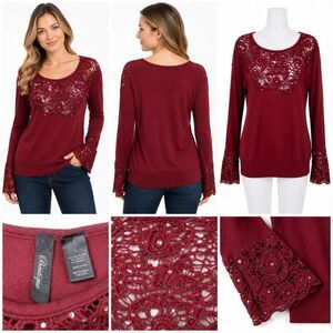 BKE Boutique Large Burgundy Scoop Neck LS Blouse